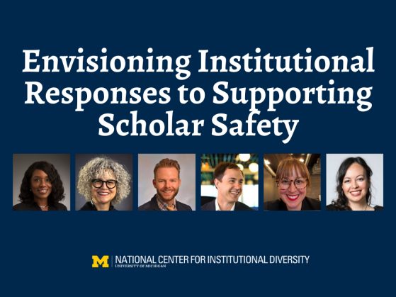 Artwork for Envisioning Institutional Responses to Supporting Scholar Safety event with headshots of speakers